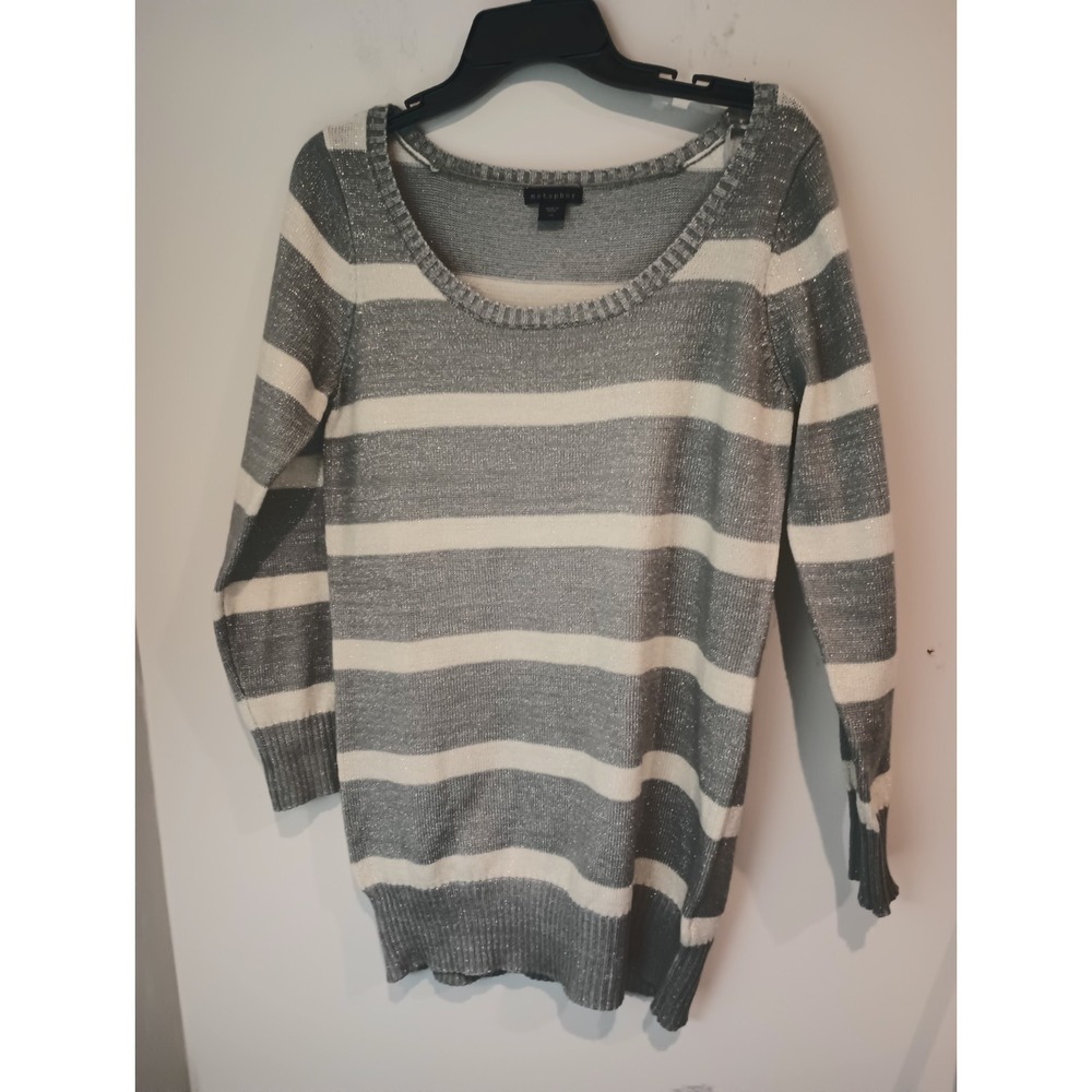 Metaphor Womens Large L Shimmer Striped Sweater Metallic Gray White Tunic Knit